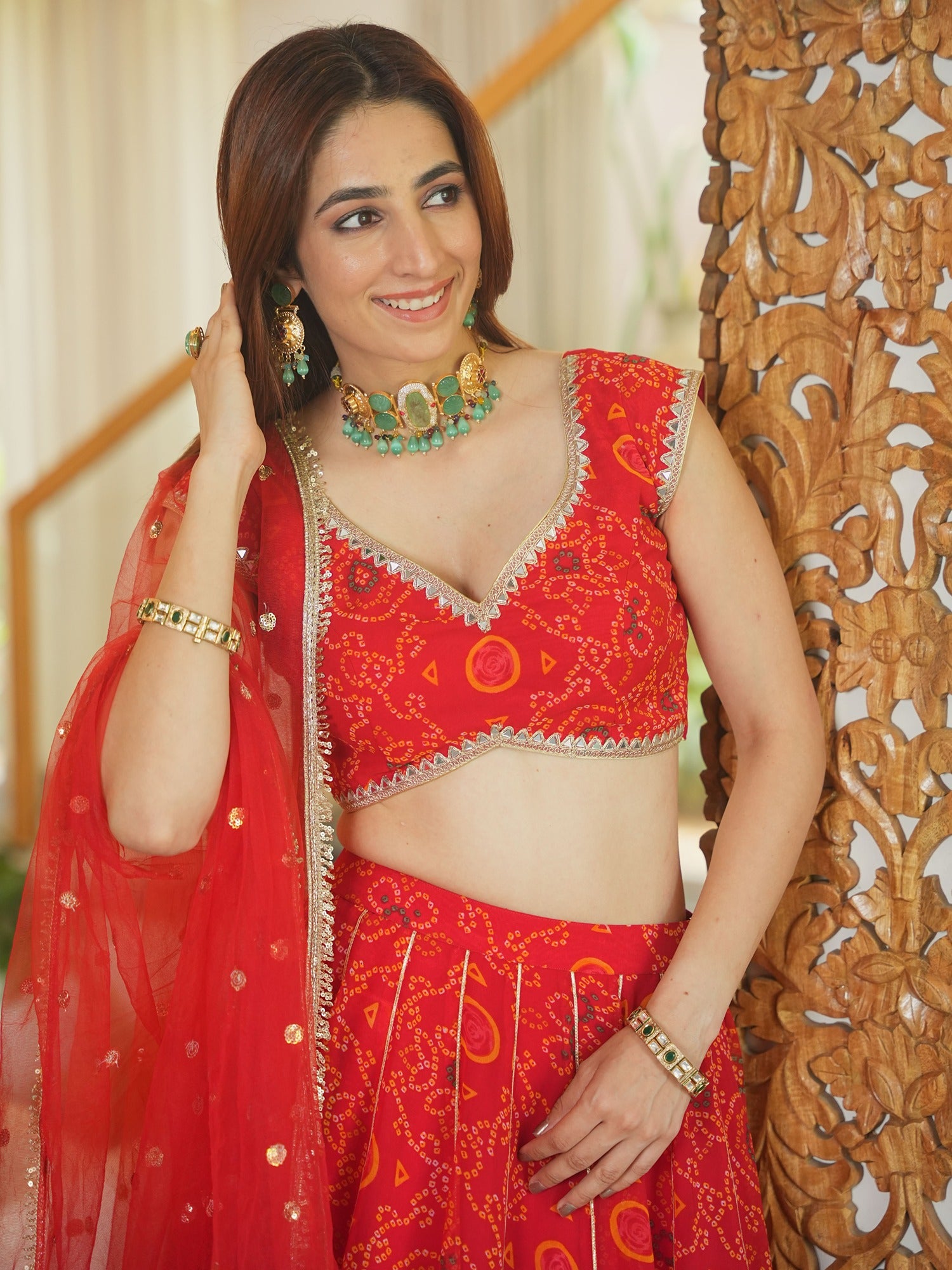 RED BANDHEJ LEHENGA SET