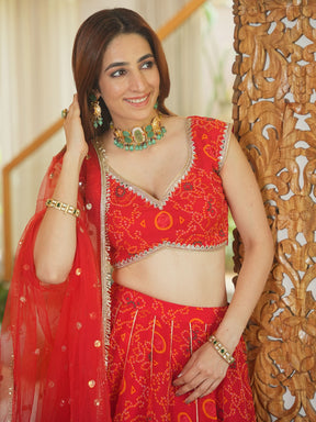 RED BANDHEJ LEHENGA SET