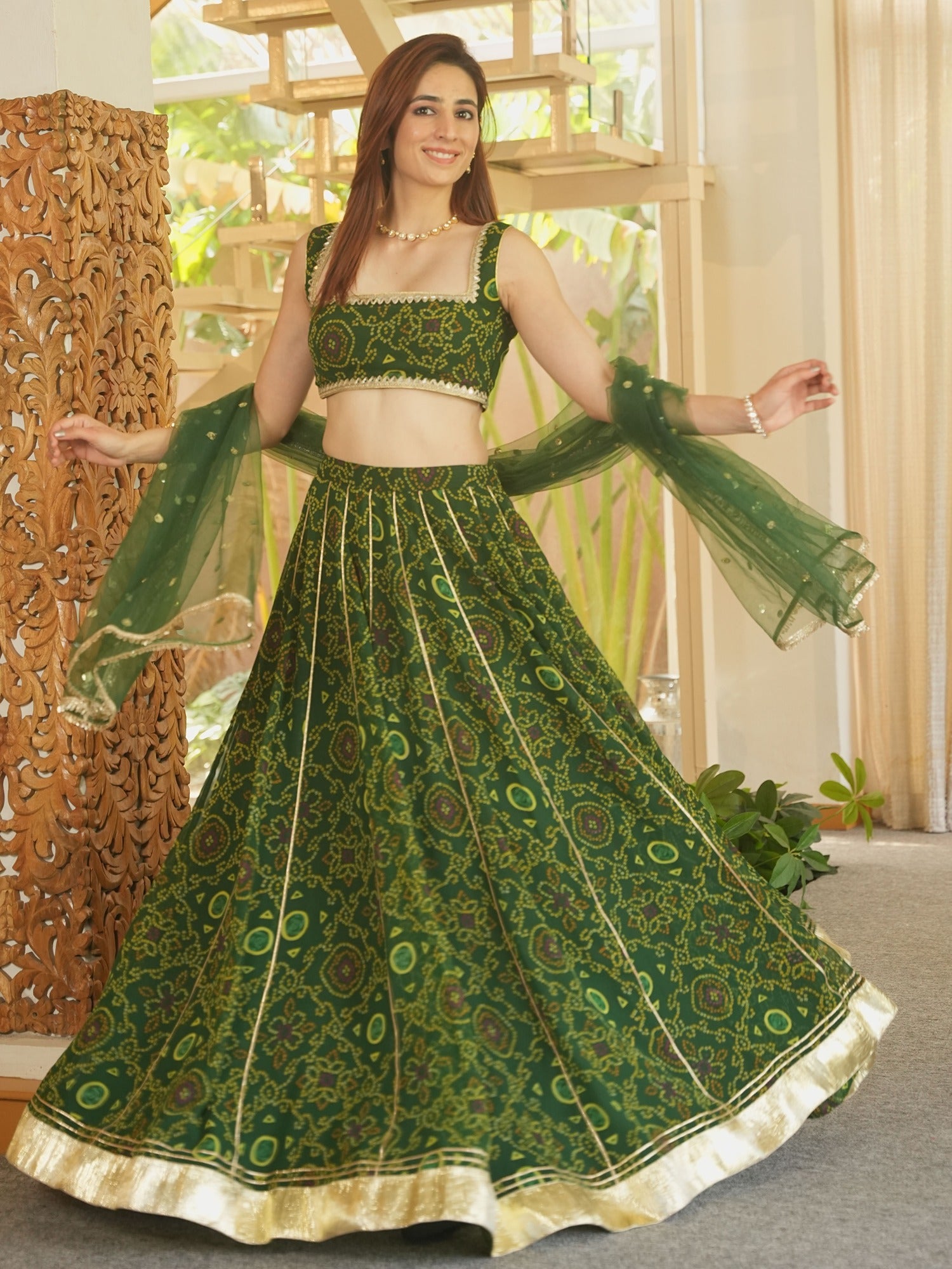 GREEN BHANDHEJ LEHENGA SET