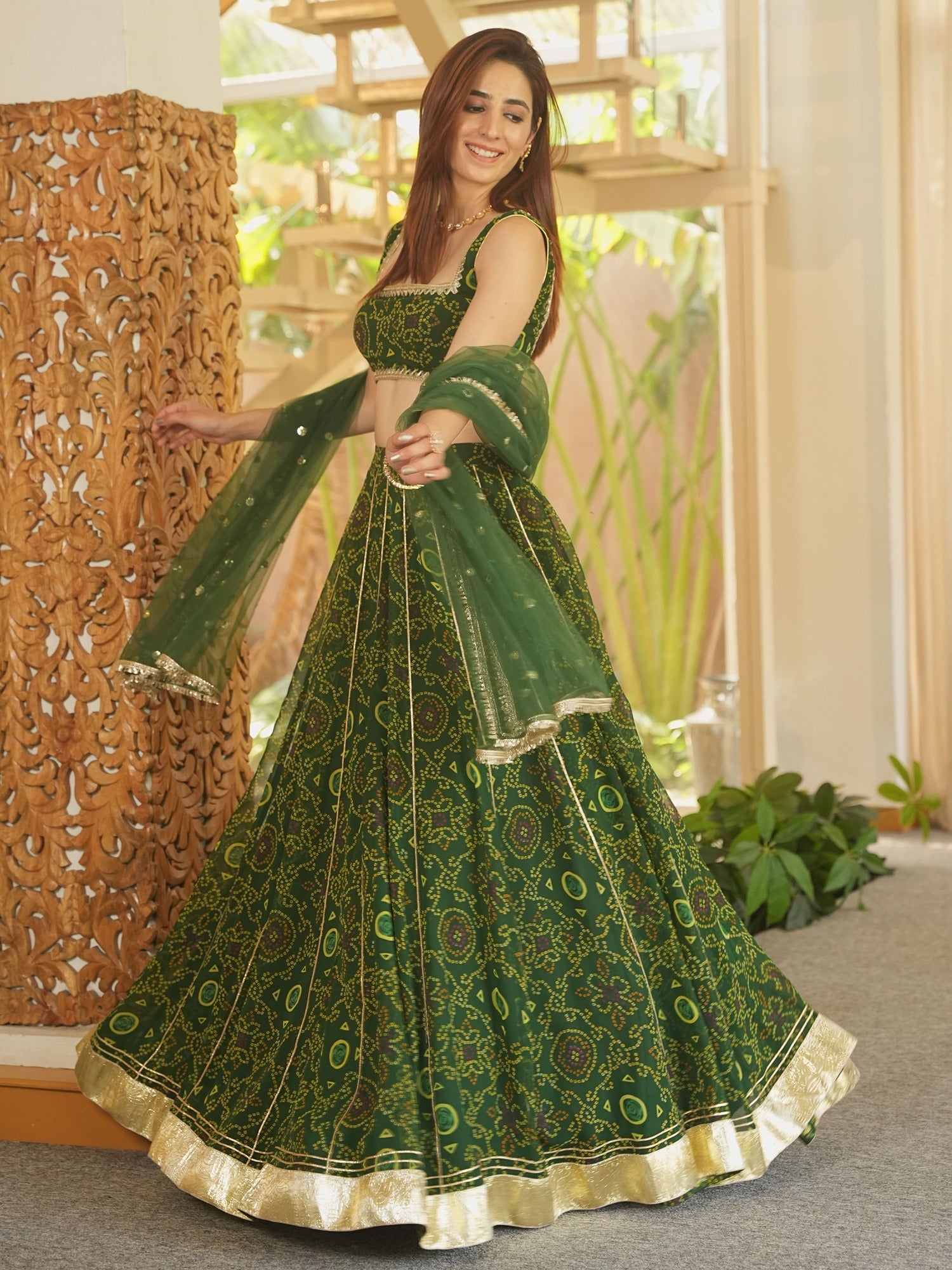GREEN BHANDHEJ LEHENGA SET