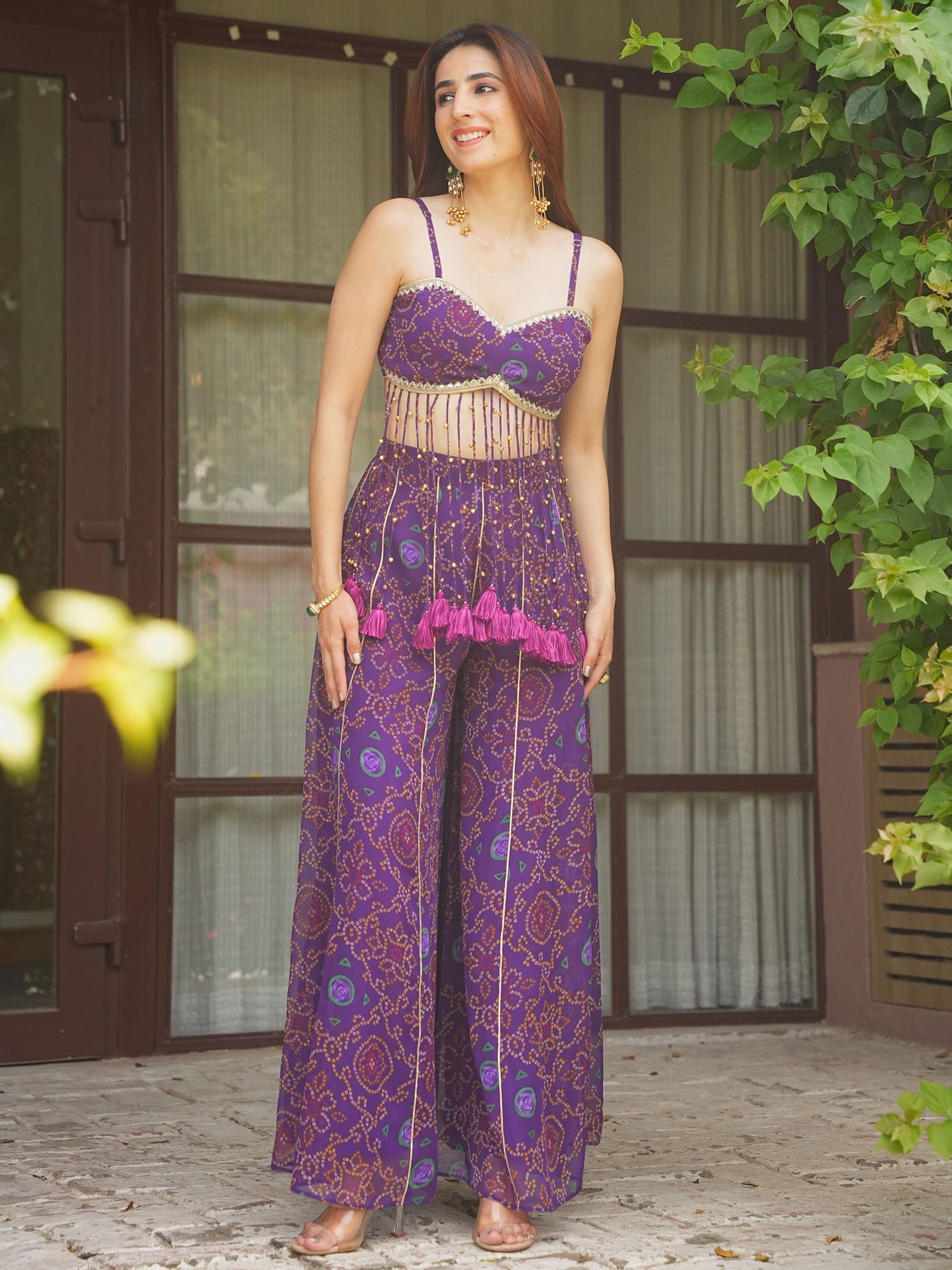 PURPLE BANDHEJ TOP WITH PLAZO