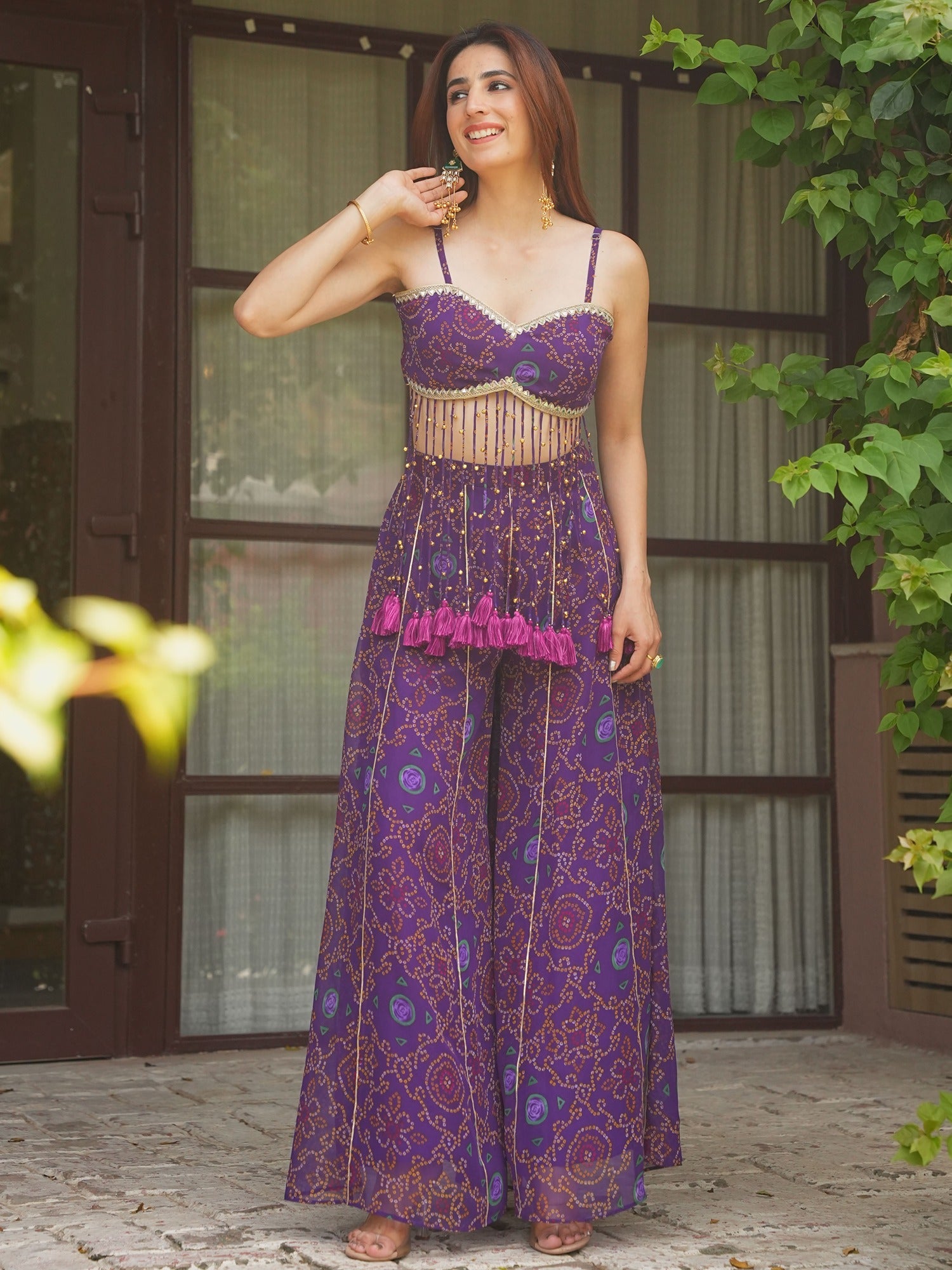 PURPLE BANDHEJ TOP WITH PLAZO