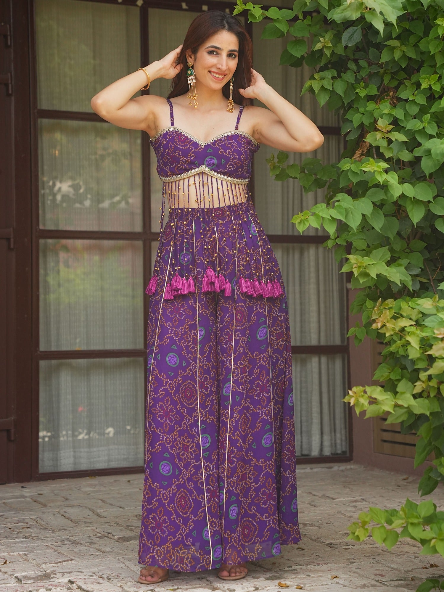 PURPLE BANDHEJ TOP WITH PLAZO