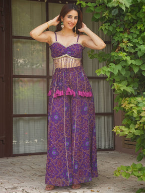 PURPLE BANDHEJ TOP WITH PLAZO