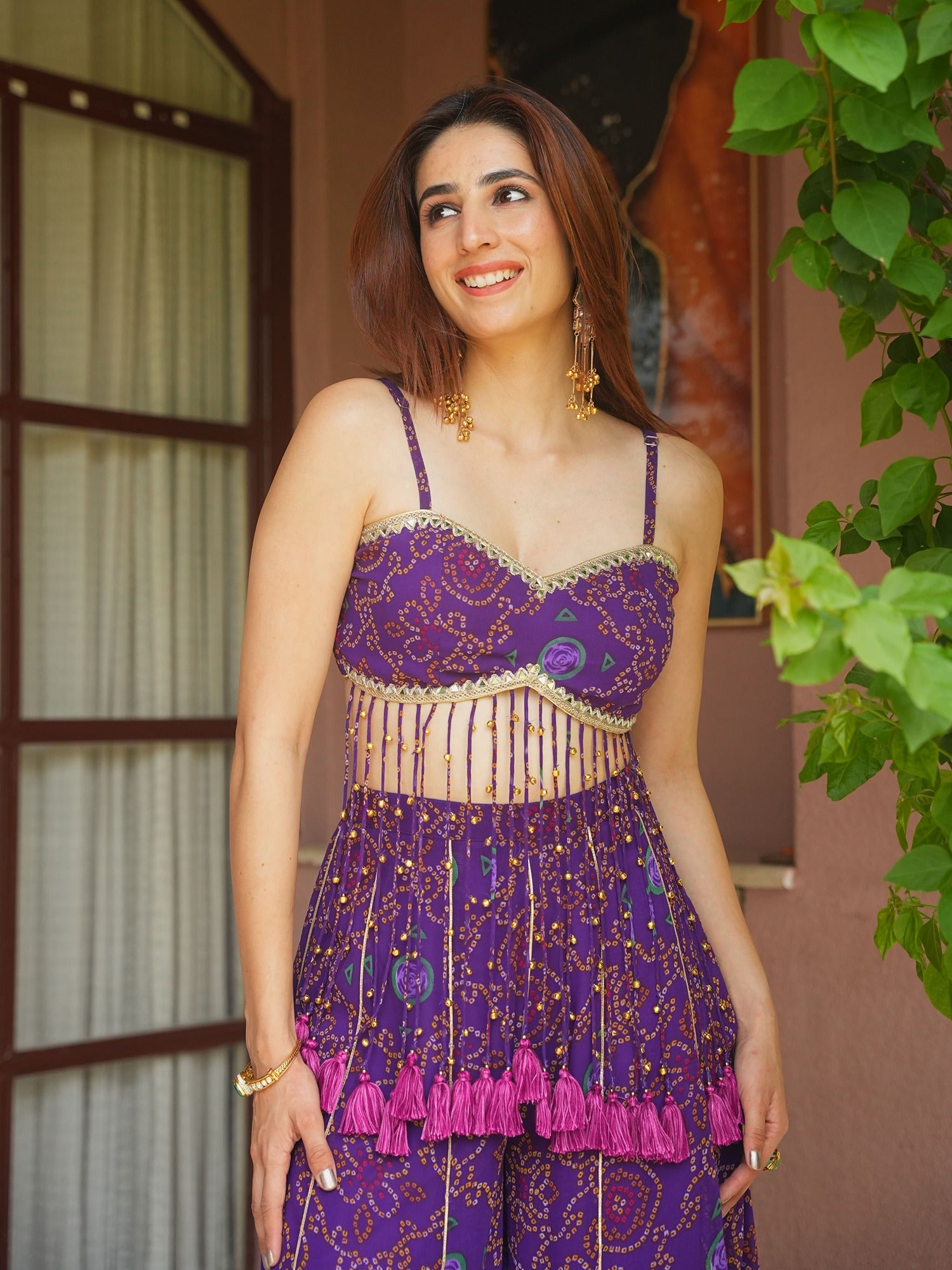 PURPLE BANDHEJ TOP WITH PLAZO