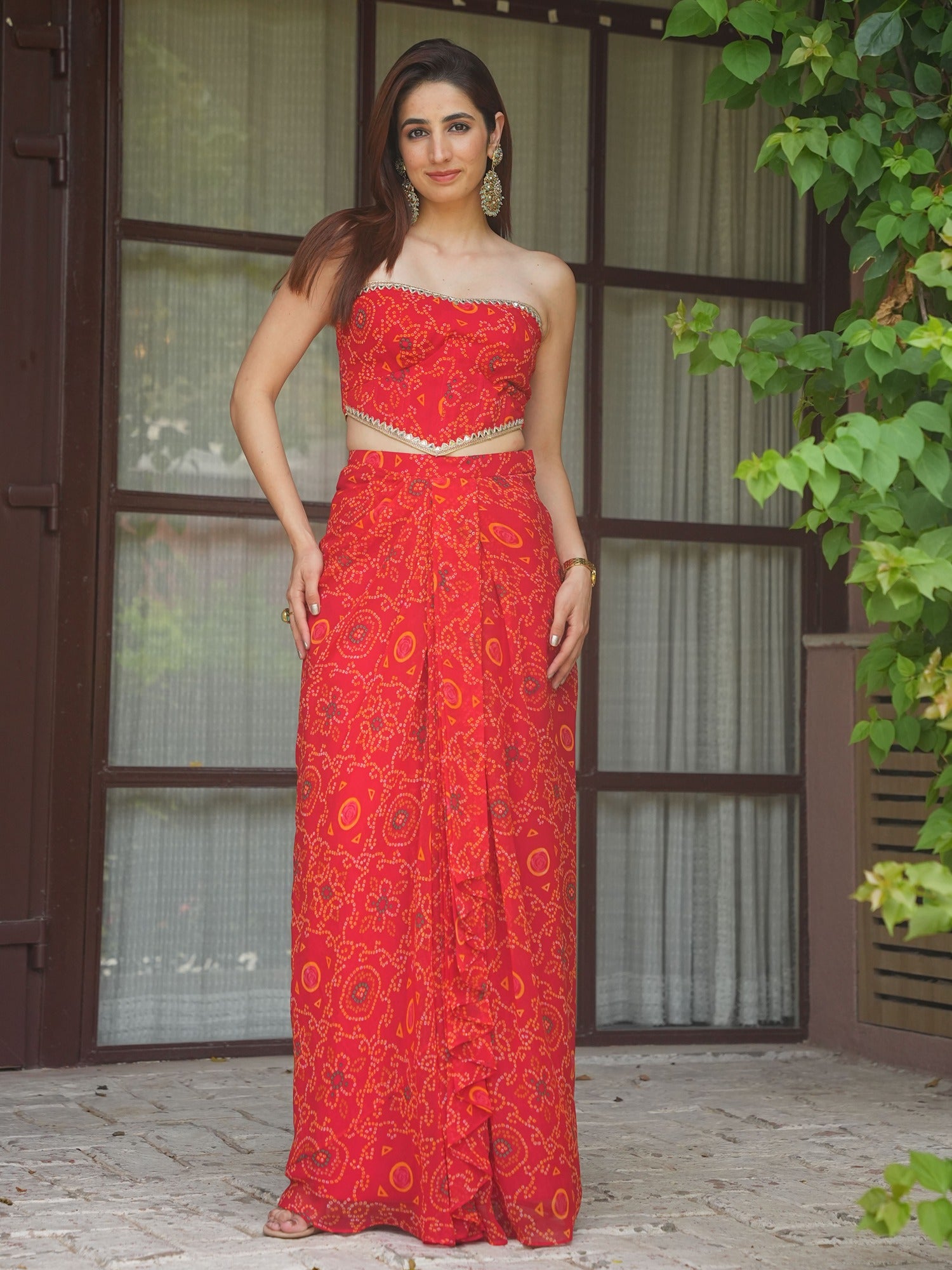 RED BANDHEJ CORSET WITH DRAPE SKIRT