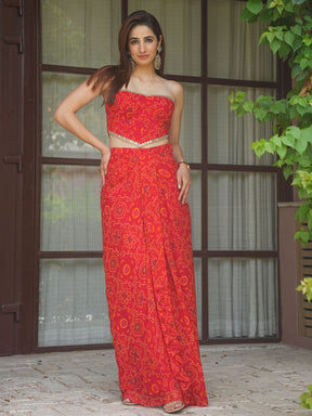 RED BANDHEJ CORSET WITH DRAPE SKIRT