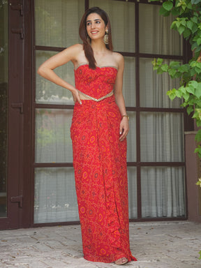 RED BANDHEJ CORSET WITH DRAPE SKIRT