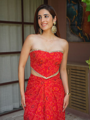 RED BANDHEJ CORSET WITH DRAPE SKIRT