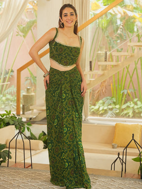 GREEN BANDHEJ CORSET WITH DRAPE SKIRT