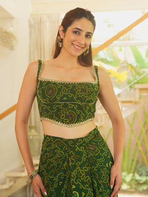 GREEN BANDHEJ CORSET WITH DRAPE SKIRT
