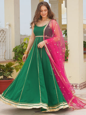 GREEN ANARKALI WITH RANI PINK DUPATTA