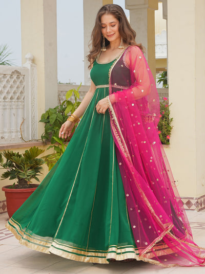 GREEN ANARKALI WITH RANI PINK DUPATTA