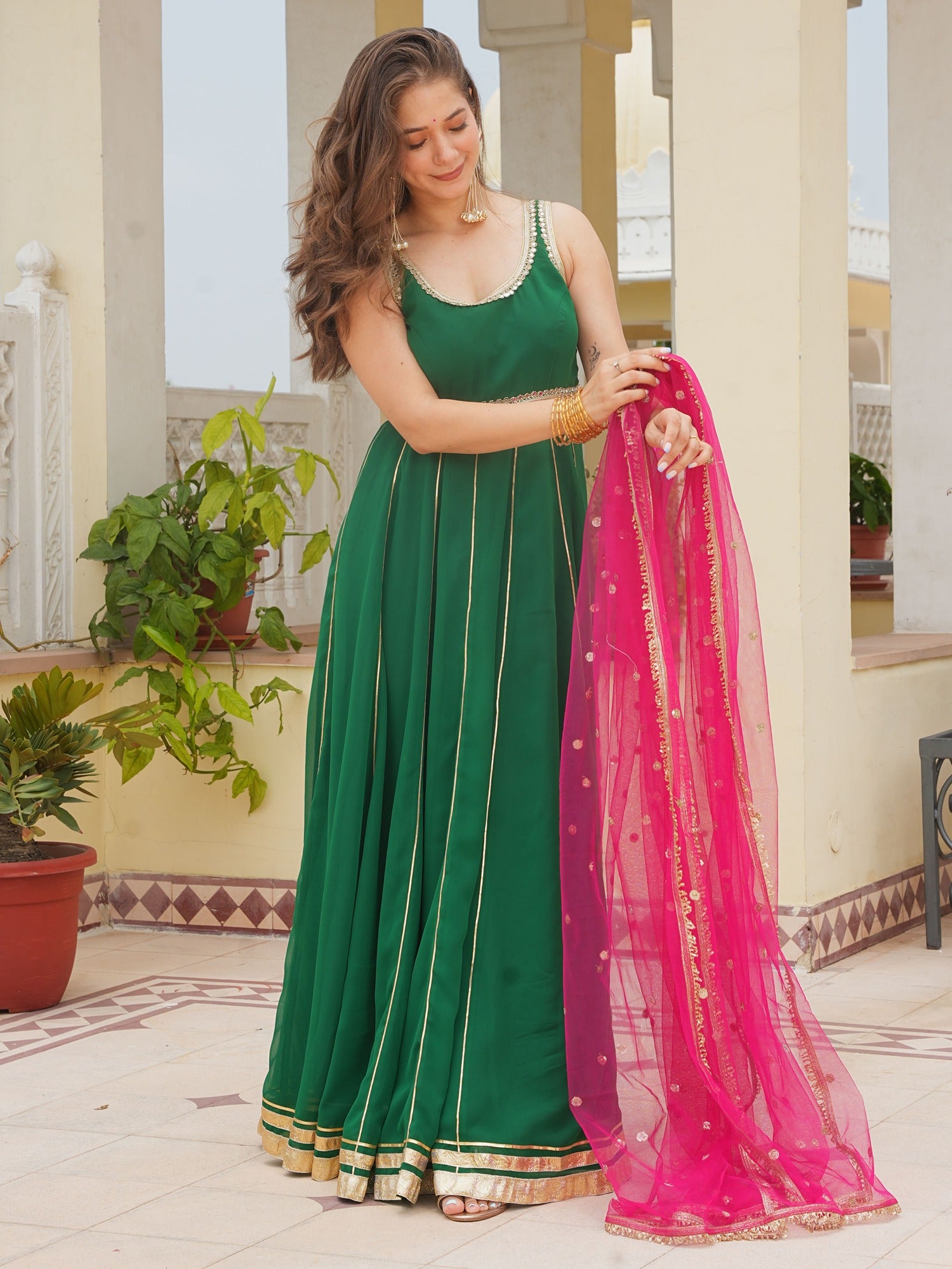 GREEN ANARKALI WITH RANI PINK DUPATTA