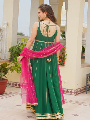 GREEN ANARKALI WITH RANI PINK DUPATTA