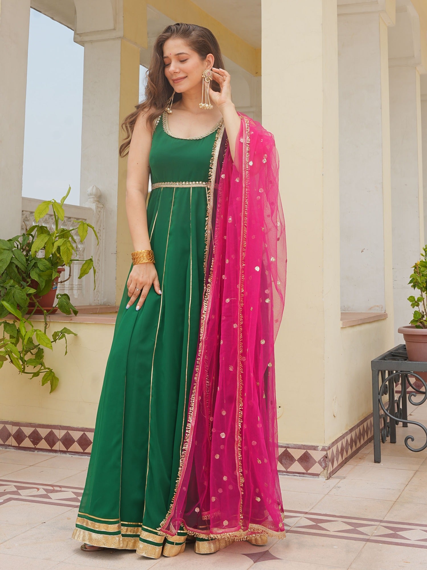 GREEN ANARKALI WITH RANI PINK DUPATTA