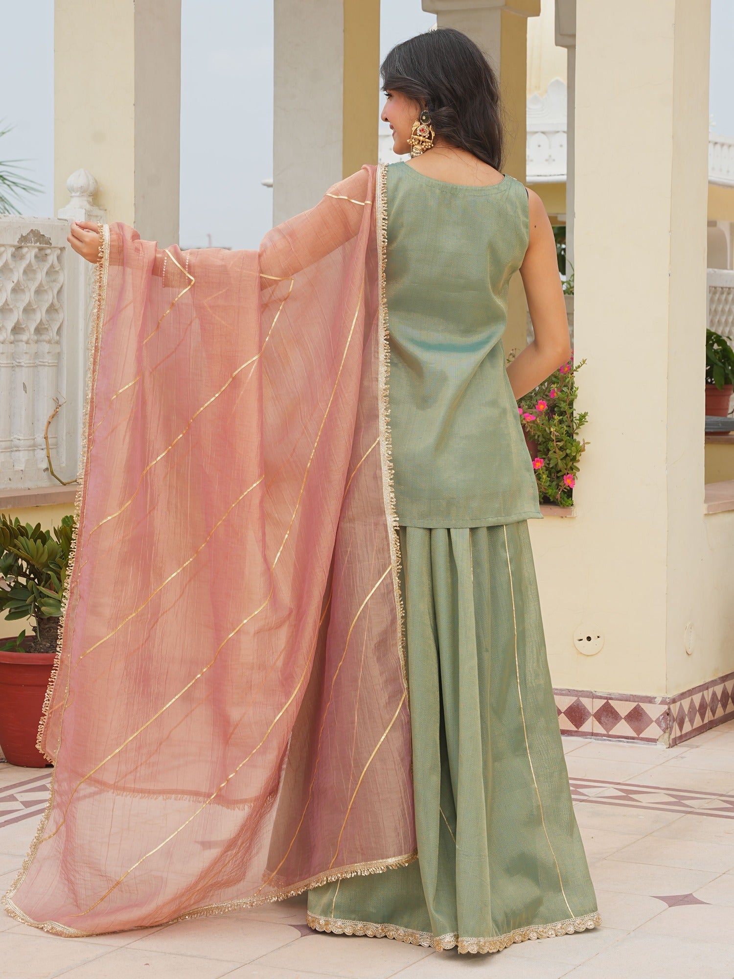 Green Kurta Plazo with Tissue Dupatta