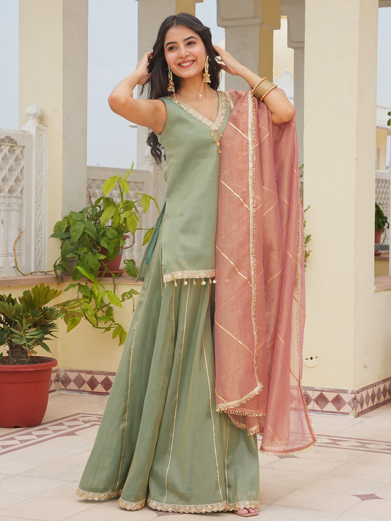 Green Kurta Plazo with Tissue Dupatta