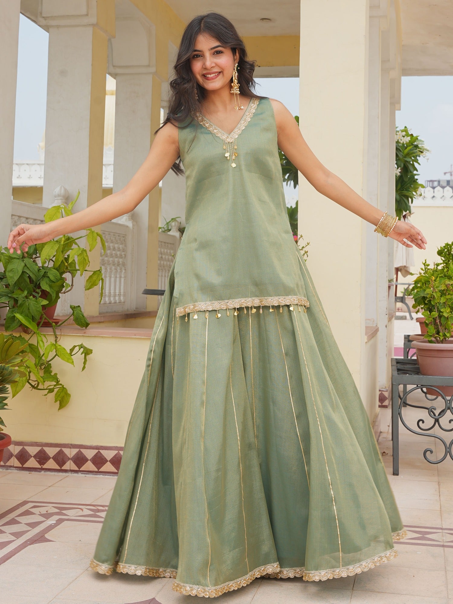 Green Kurta Plazo with Tissue Dupatta