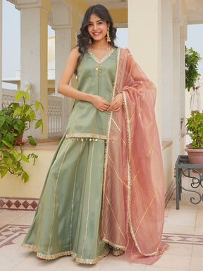 Green Kurta Plazo with Tissue Dupatta