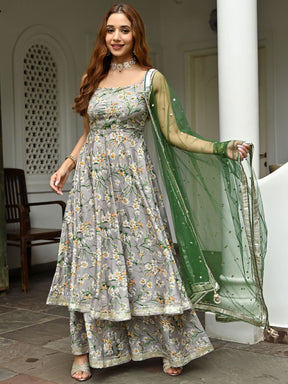 Grey Printed Silk Sharara Set