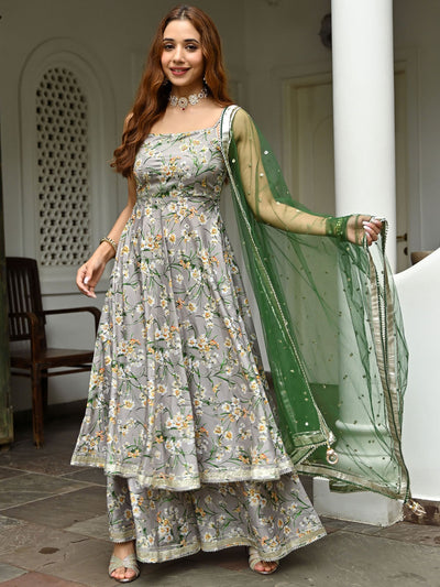Grey Printed Silk Sharara Set