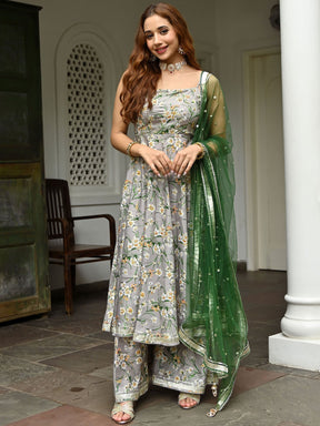 Grey Printed Silk Sharara Set