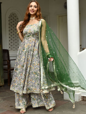 Grey Printed Silk Sharara Set