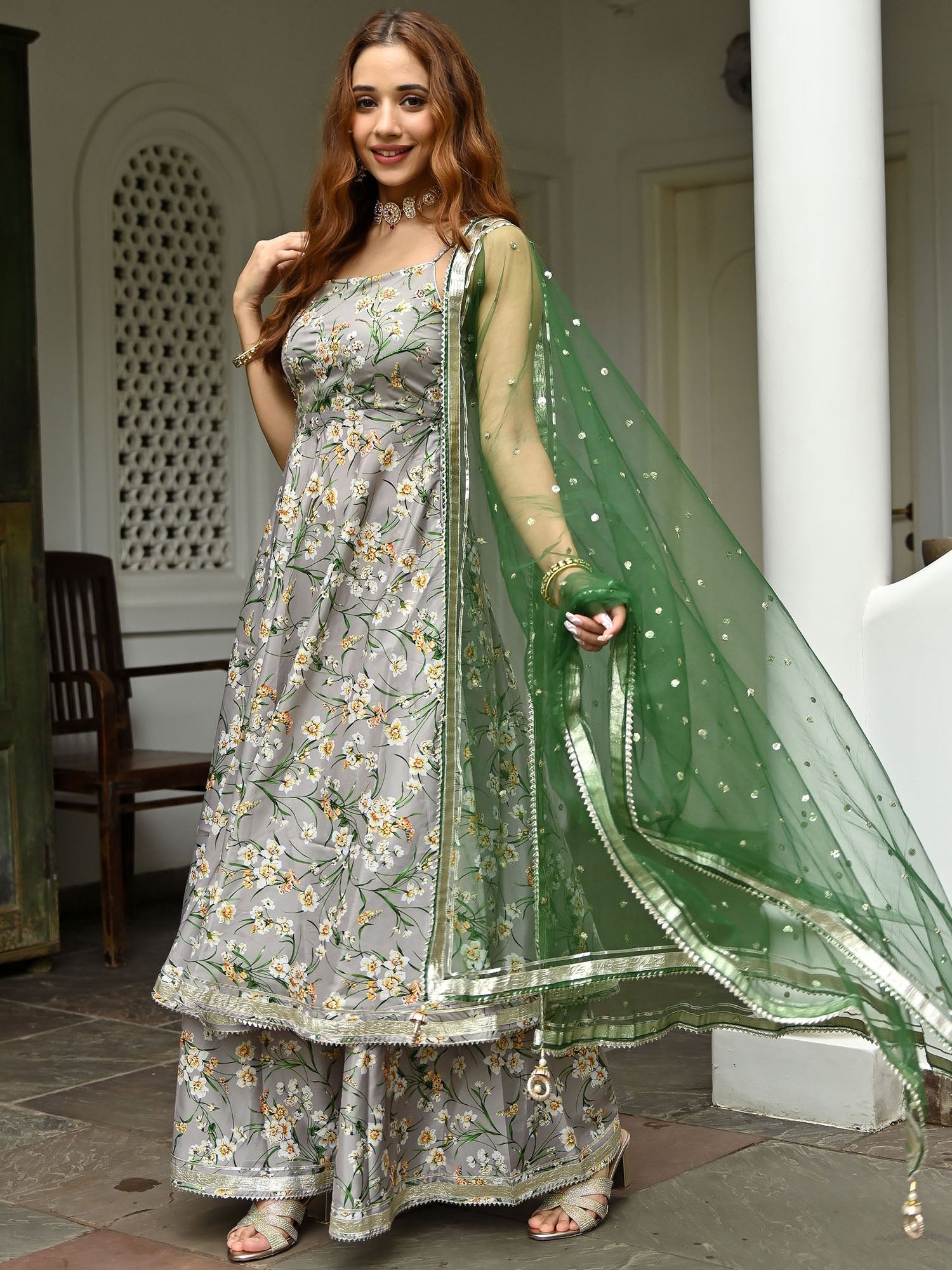 Grey Printed Silk Sharara Set