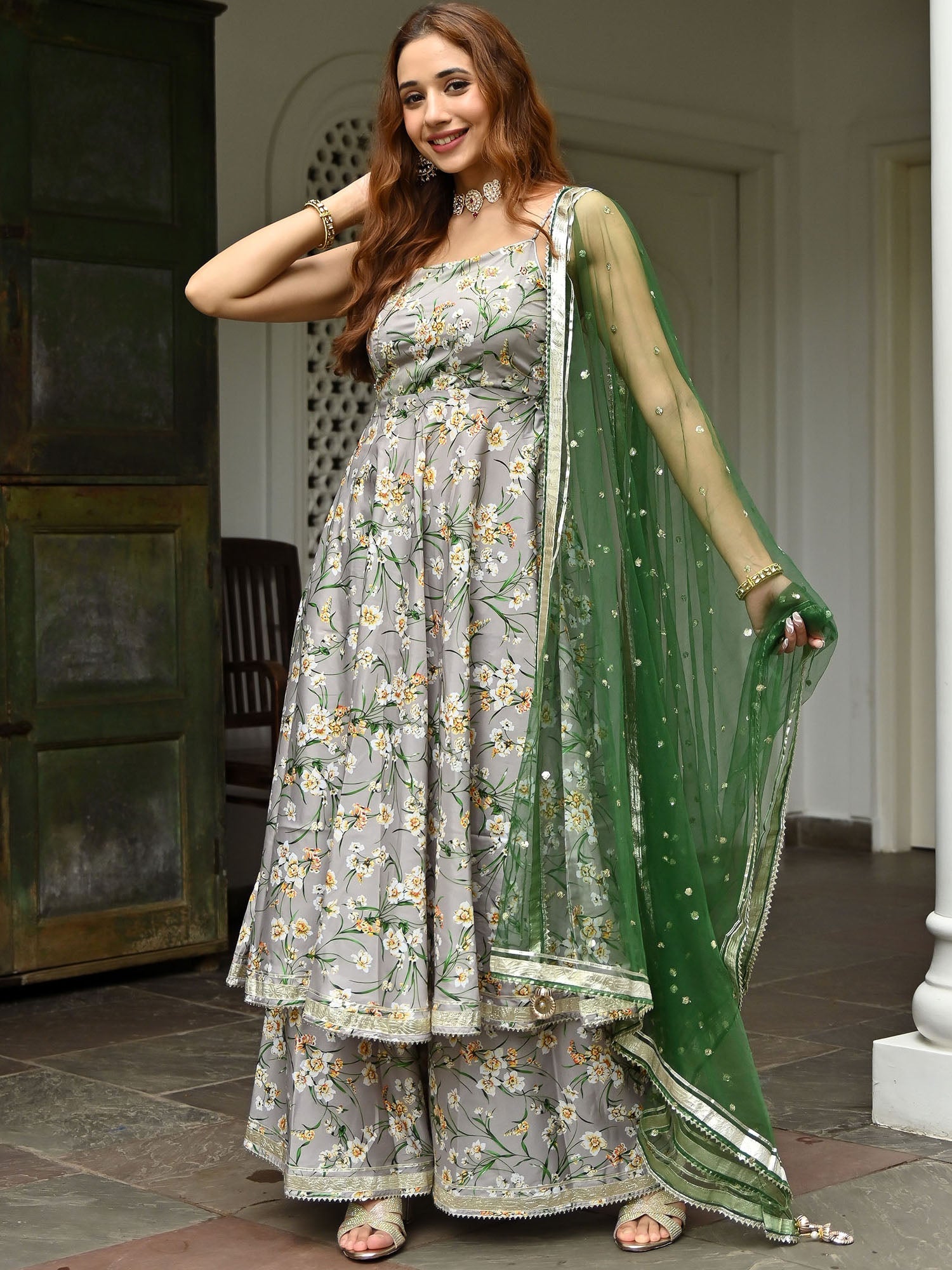 Grey Printed Silk Sharara Set