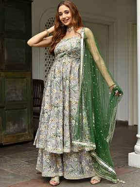 Grey Printed Silk Sharara Set