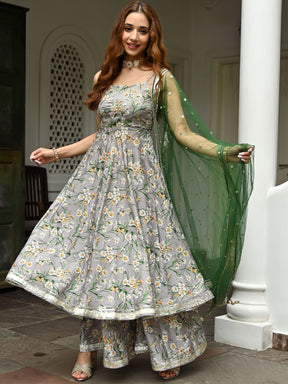 Grey Printed Silk Sharara Set