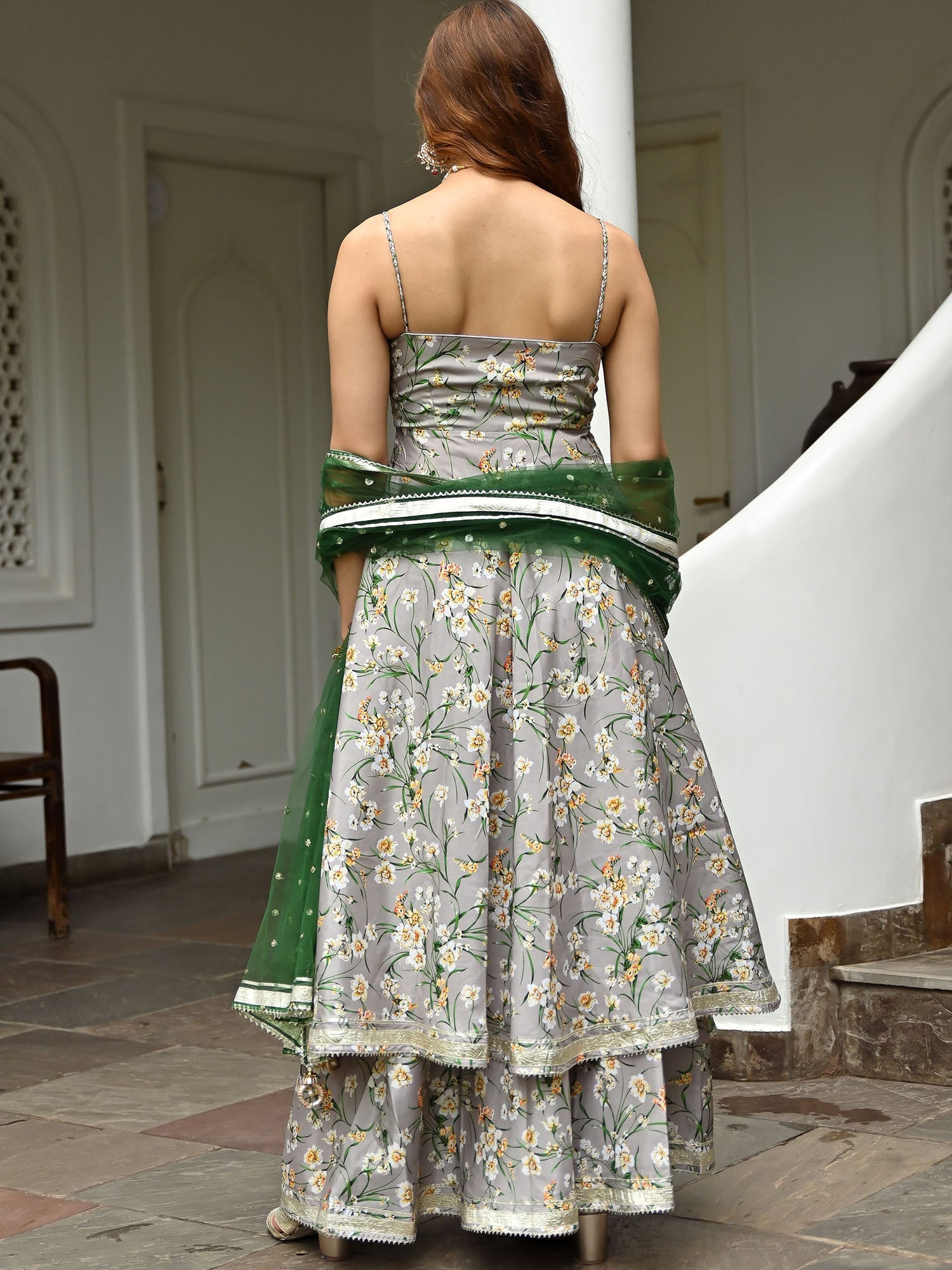 Grey Printed Silk Sharara Set