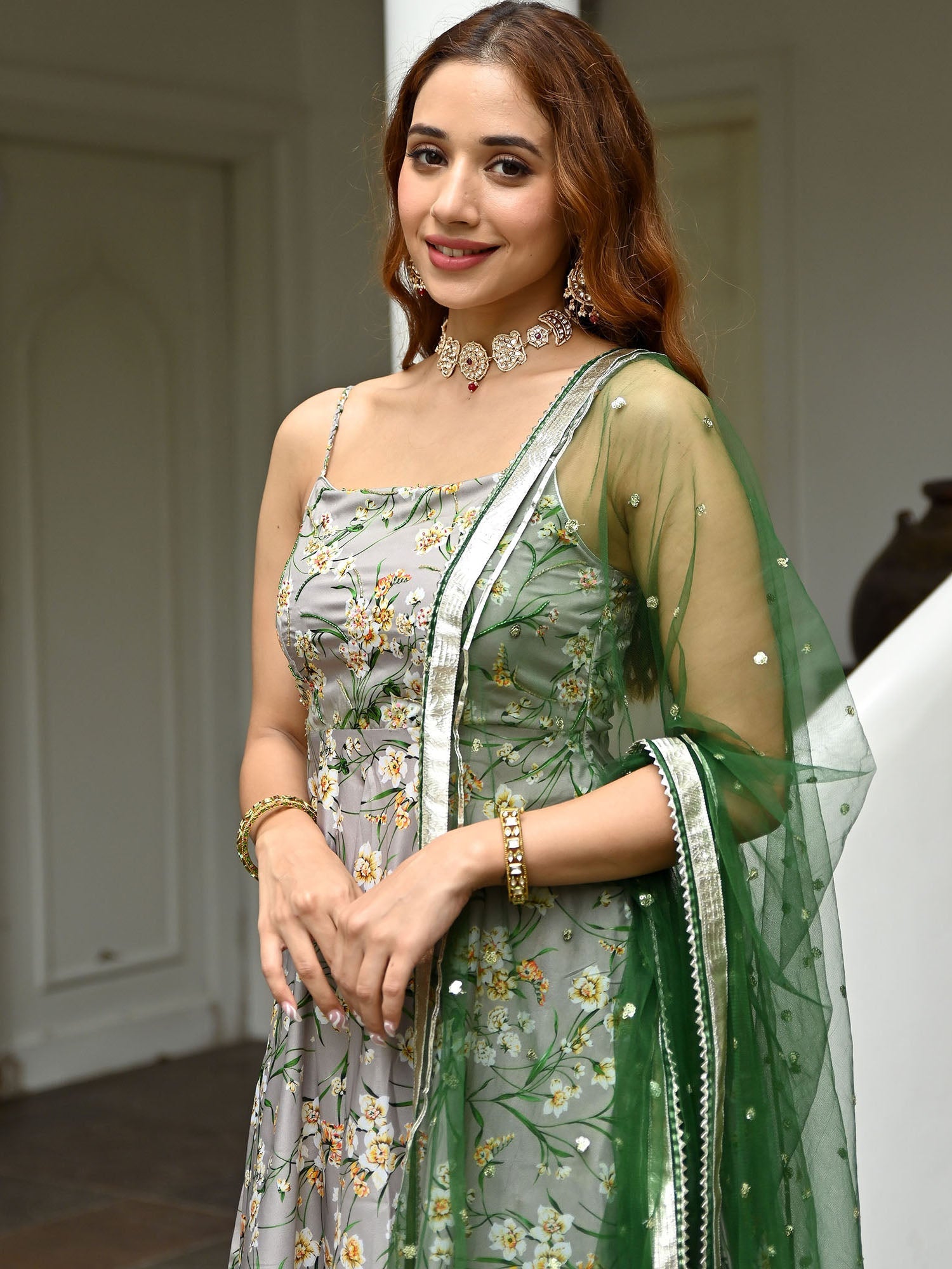 Grey Printed Silk Sharara Set