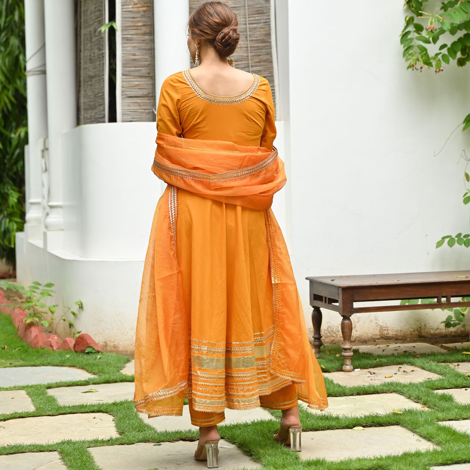 Orange Cotton Anarkali Set