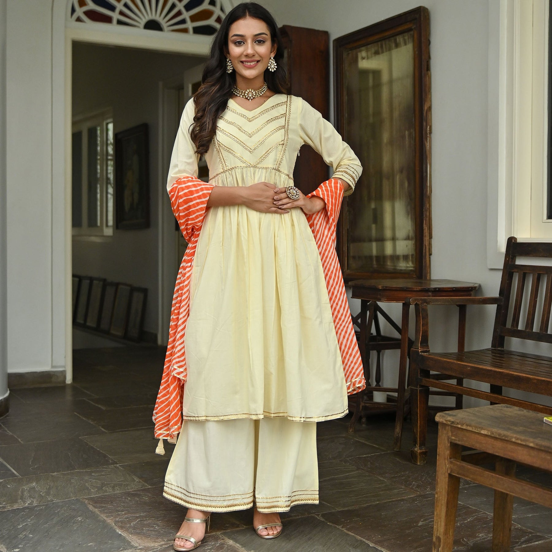 Cream Leheriya Anarkali Two Peice Set