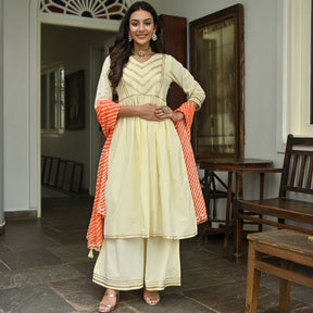 Cream Leheriya Anarkali Two Peice Set