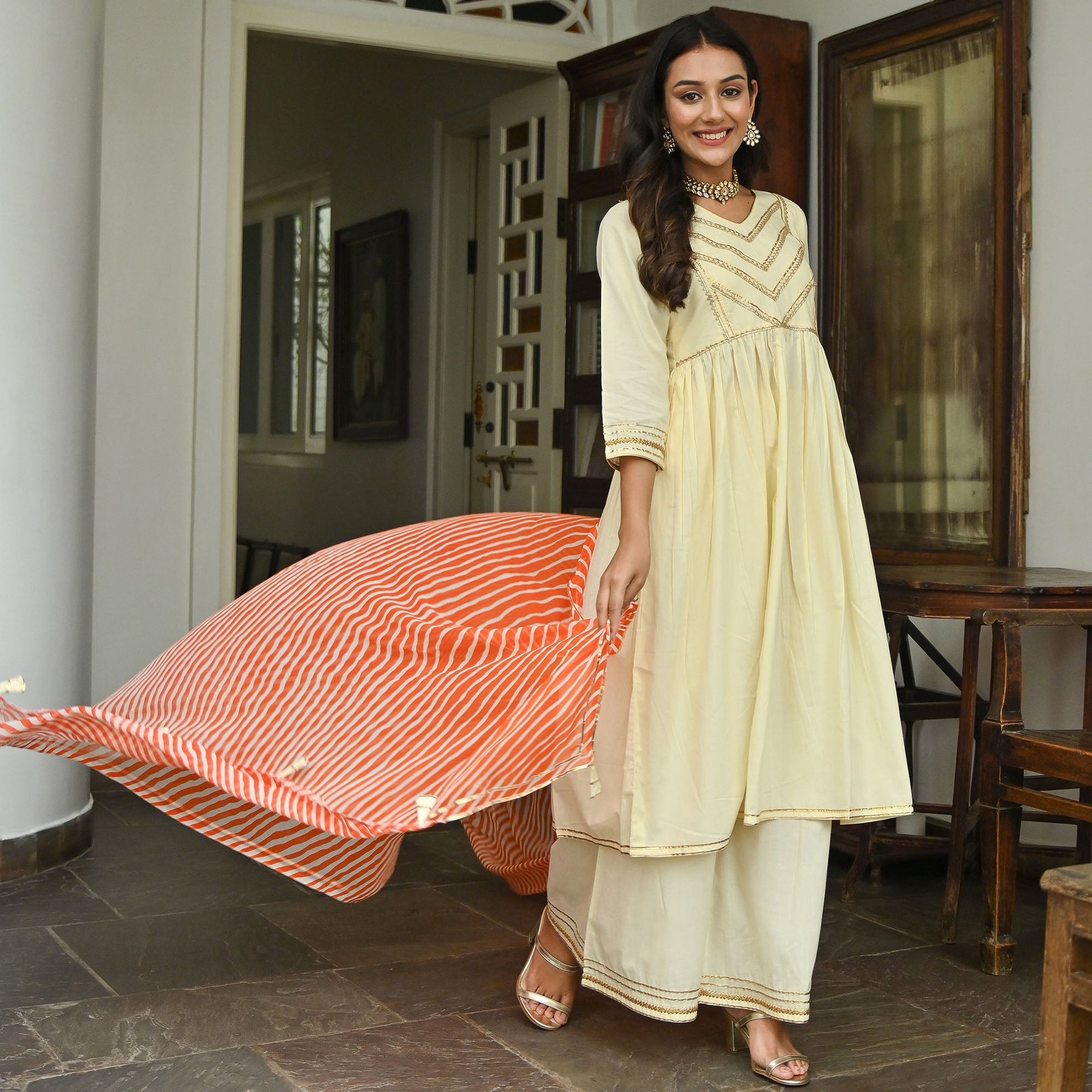 Cream Leheriya Anarkali Two Peice Set