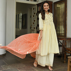 Cream Leheriya Anarkali Two Peice Set