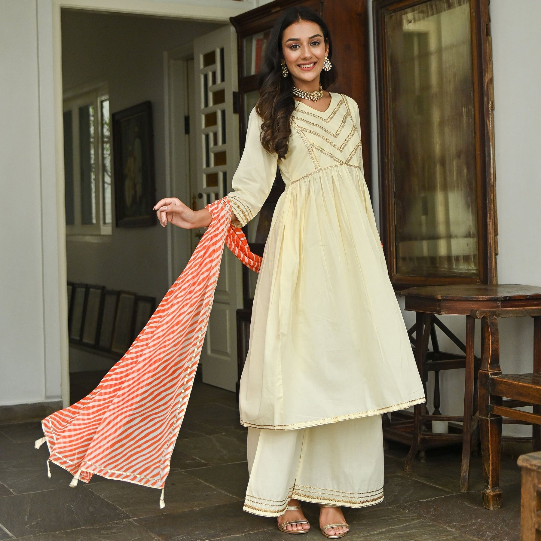 Cream Leheriya Anarkali Two Peice Set