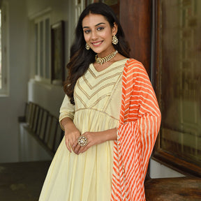 Cream Leheriya Anarkali Two Peice Set