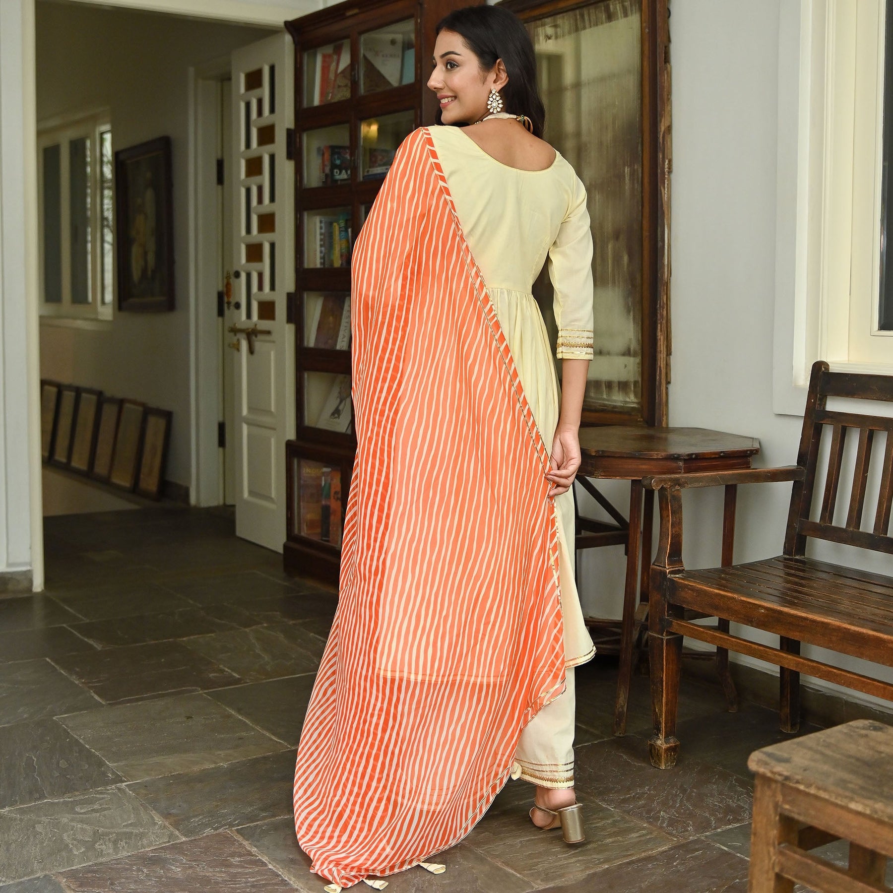 Cream Leheriya Anarkali Two Peice Set