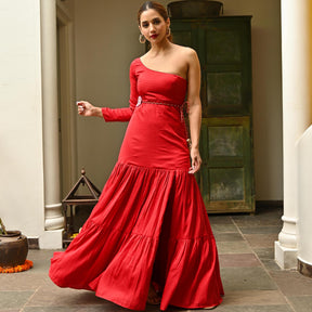 Red Embroidered Slit Dress