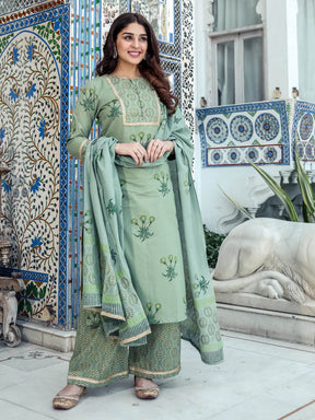 Green Handblock Printed Suit Set