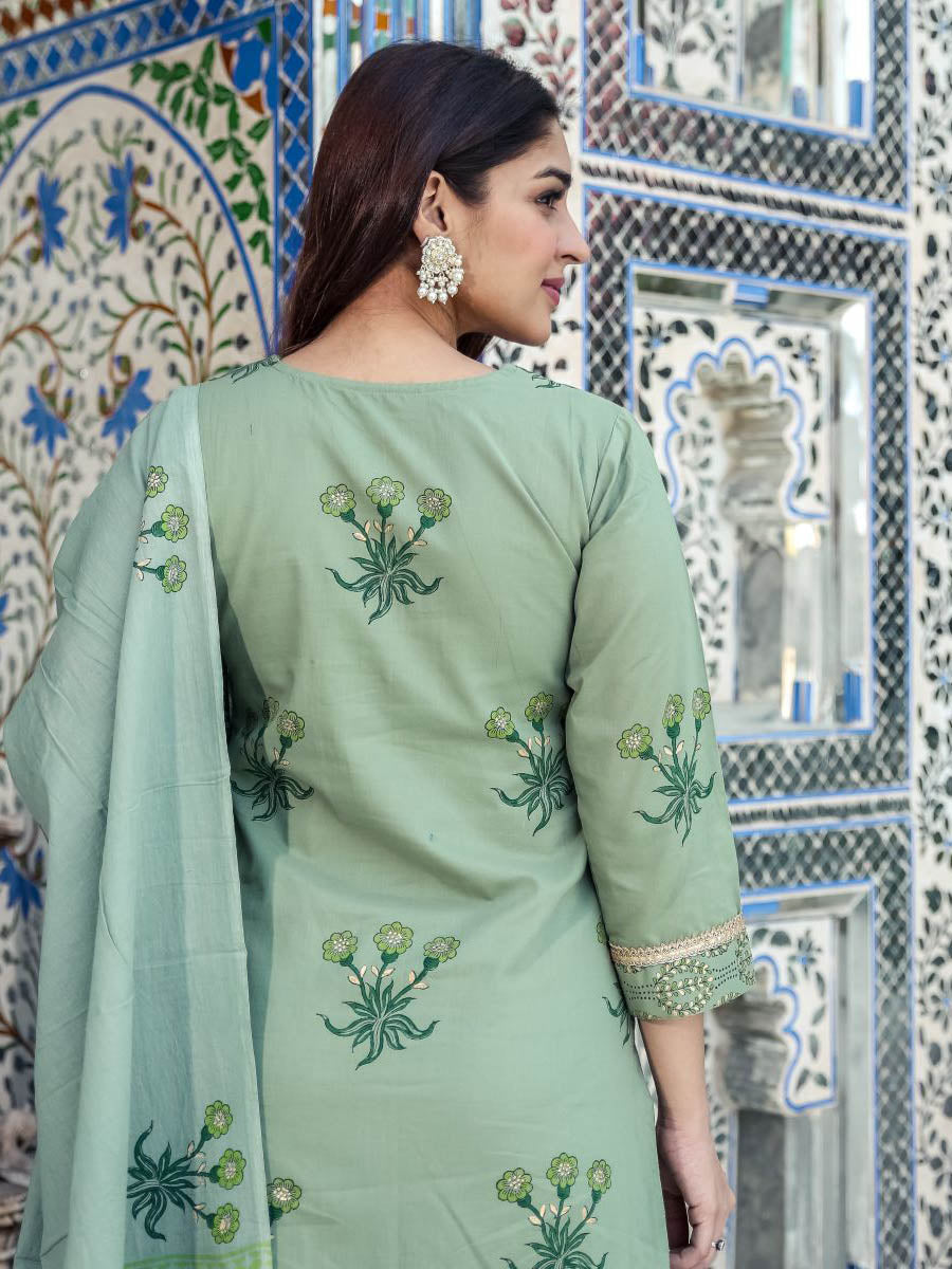 Green Handblock Printed Suit Set