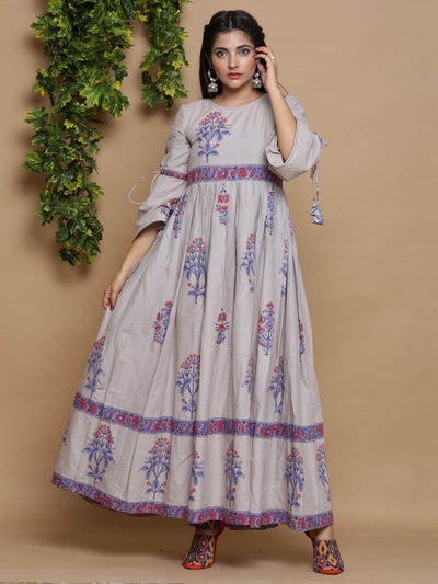 Grey Floral Print Designer Dress