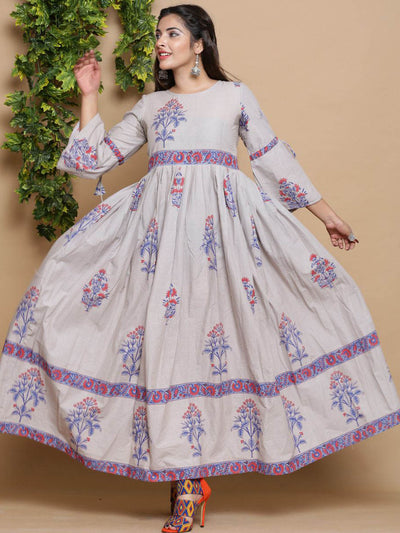 Grey Floral Print Designer Dress