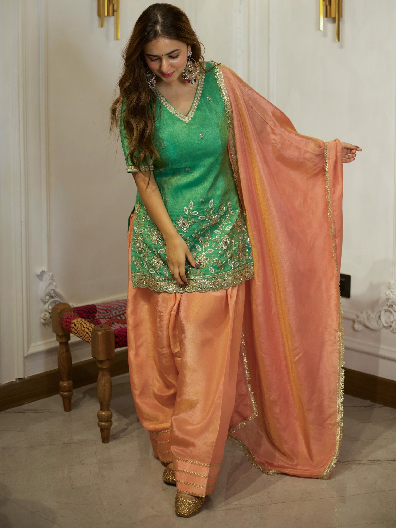 GREEN & PEACH PATIYALA SET