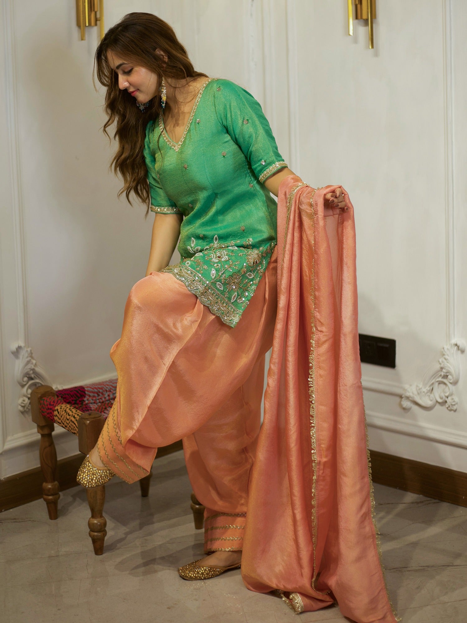 GREEN & PEACH PATIYALA SET