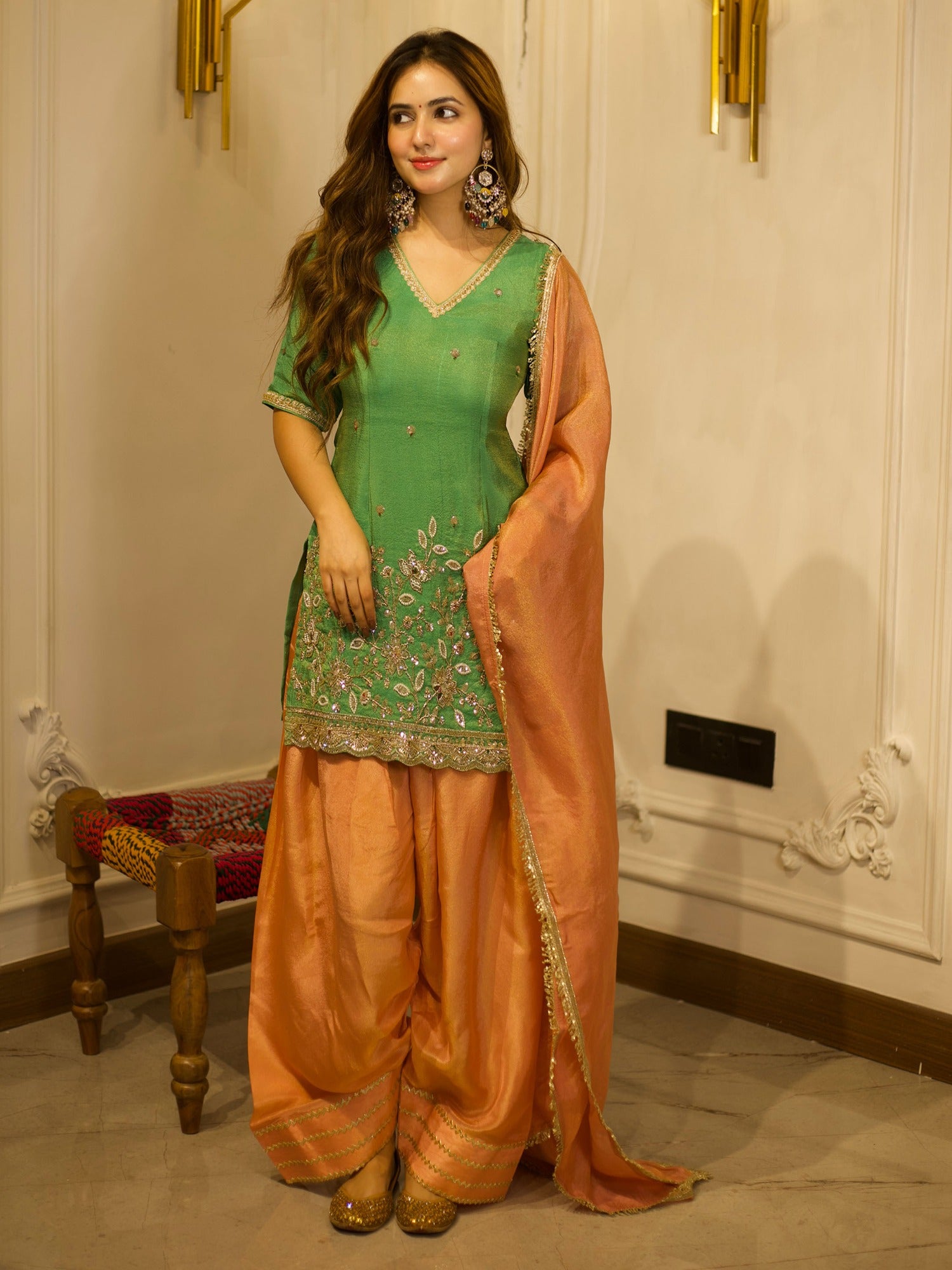 GREEN & PEACH PATIYALA SET